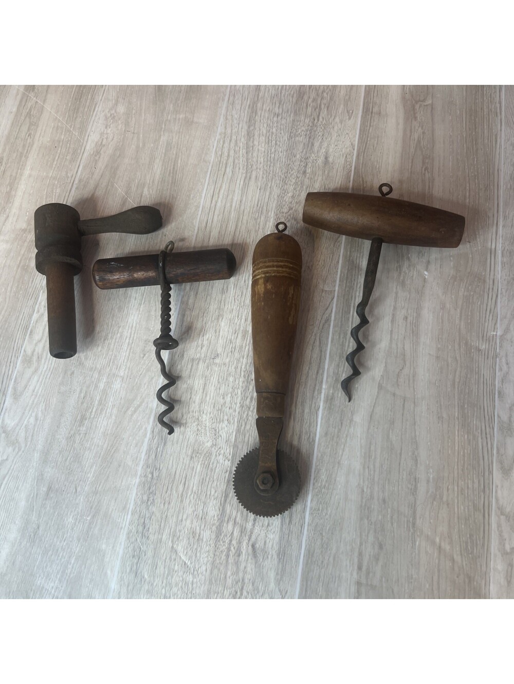 4 Antique Hand Tools Corkscrew Bottle Openers - Cutter - Faucet - WOOD HANDLES